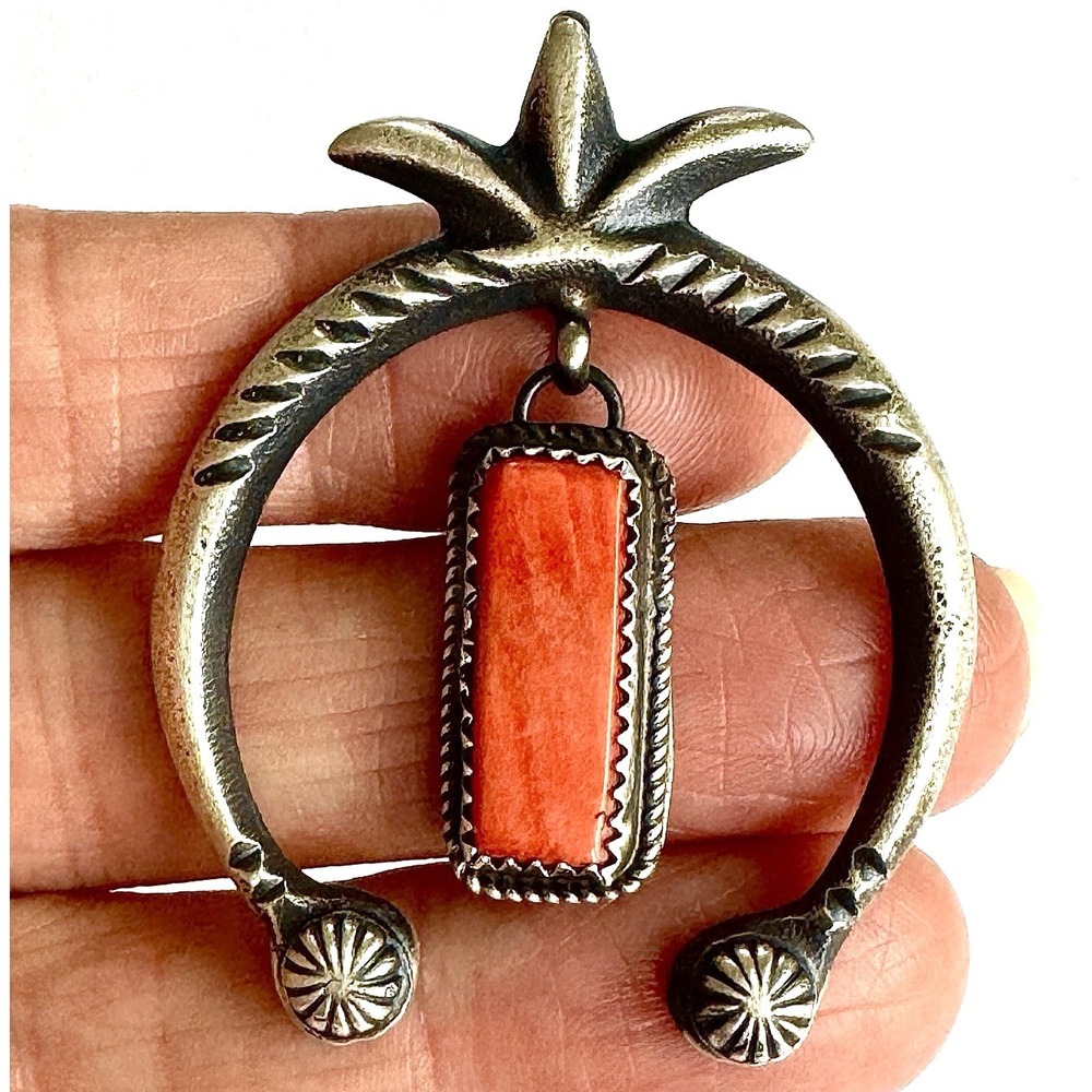 Navajo‎ Naja Pendant Orange Spiny Oyster Signed MC 2in Sterling Squash Blossom